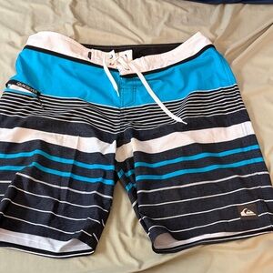 Quiksilver Men's Black and Blue Striped Board Shorts